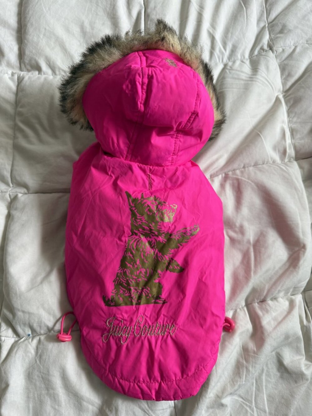 Juicy Couture Vintage Hot Pink Puffer Dog Coat Faux Fur Hood Scottie Logo Size M